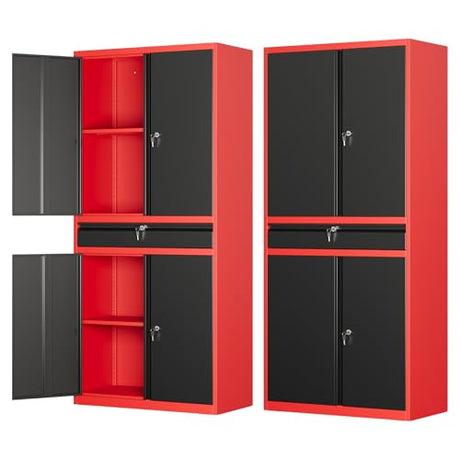 LISSIMO Metal Garage Storage Cabinet with Locking Doors and Drawer, 71" Steel Tool Storage Cabinet with Adjustable Shelves for Garage,Office,Warehouse (Red Black) LISSIMO