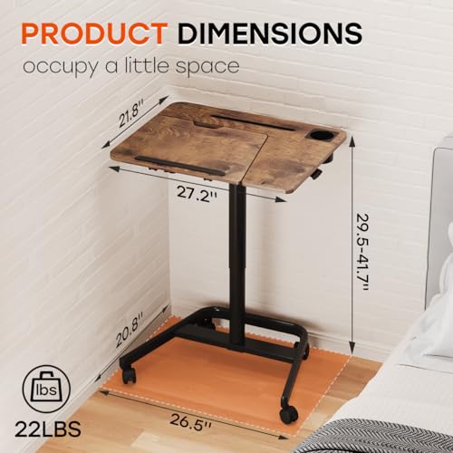 JOY worker Mobile Standing Desk, Height Adjustable Table, 60° Tiltable Rolling Laptop Desk, Portable Sit Stand Desk with Wheels Cup Holder for Bed Couch Hospital, Holds Up to 22lbs, Rustic JOY worker