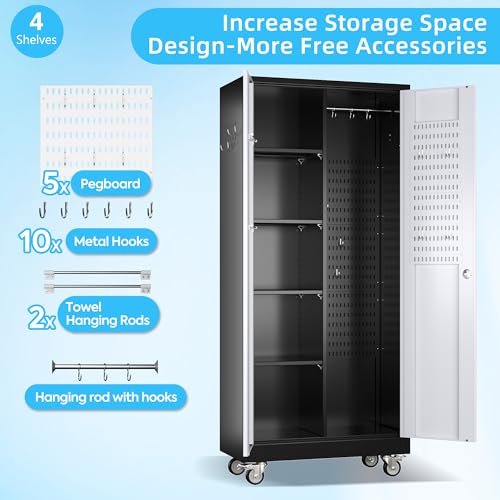 GangMei Metal Broom Closet Storage Cabinet, Garage Storage Cabinet with Wheels, Pegboard, Lockable Doors, 4 Adjustable Shelves for Garage, Home, Black and White, 71" H x 31.5" W x15.75 D GangMei