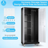 GangMei Metal Broom Closet Storage Cabinet, Garage Storage Cabinet with Wheels, Pegboard, Lockable Doors, 4 Adjustable Shelves for Garage, Home, Black and White, 71" H x 31.5" W x15.75 D GangMei