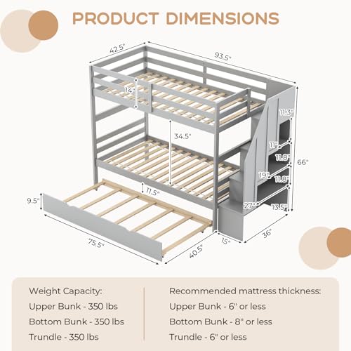 KOTEK Twin Over Twin Bunk Bed with Trundle and Stairs, Solid Wood Bunk Bed Frame with Storage Shelf, Bunk Beds Detachable into 2 Platform Beds for Kids Teens Adults (Grey) KOTEK