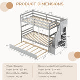 KOTEK Twin Over Twin Bunk Bed with Trundle and Stairs, Solid Wood Bunk Bed Frame with Storage Shelf, Bunk Beds Detachable into 2 Platform Beds for Kids Teens Adults (Grey) KOTEK