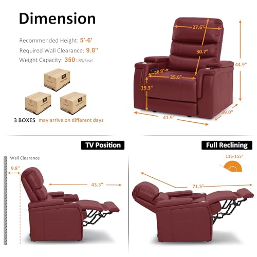 MCombo Triple Motors Power Recliner Chair with Power Headrest & Lumbar Support for Living Room, Home Theater Seating with Armrest Storage, Tray Table and Dual Charging Ports HTS708 (Red)