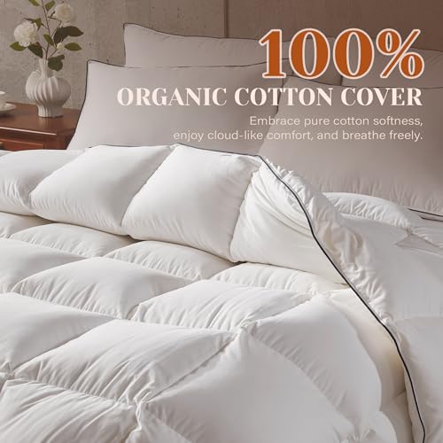 Richtry Goose Feather Down Fiber Comforter Queen Size, Fluffy Cotton Quilted White Duvet Insert, Ultra-Soft, Breathable, Luxury Bedding Comforter All Season Medium Warmth with Corner Tabs, 90x 90Inch Richtry