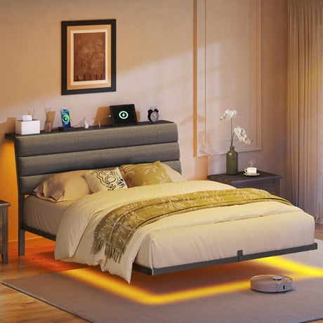 STHYTON Floating Bed Frame Full, Platform Bed with LED Lights & Charging Station, Ergonomic Storage Headboard, Heavy Duty Metal Slats, No Box Spring Needed, Easy Assembly, Dark Gray STHYTON