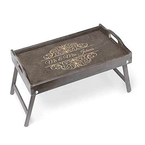 Maverton Personalized Bed Tray for Couples - Engraved Serving Tray for Wedding - Wooden Breakfast Table for Pair - Gray Tray with Foldable Legs for Maverton