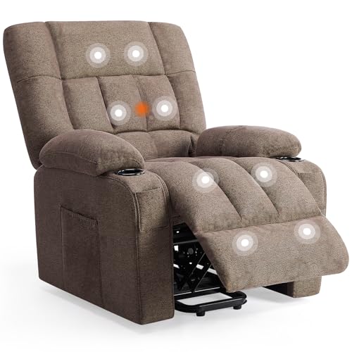 Sweetcrispy Power Lift Recliner Chair with Vibration Massage and Heat for Adults, Ergonomic Overstuffed Breathable Fabric Reclining Chair with Side Pockets, Remote Control, Living Room, Bedroom, Brown