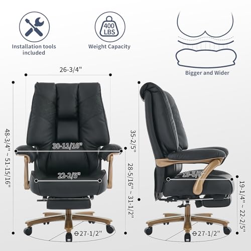 EXCEBET Big and Tall Executive Office Chair with Footrest, 400LBS Capacity Ergonomic High-Back Desk Office Chair with Lumbar Support, Padded Armrests & Thick Cushion, Black PU Leather Chairs EXCEBET