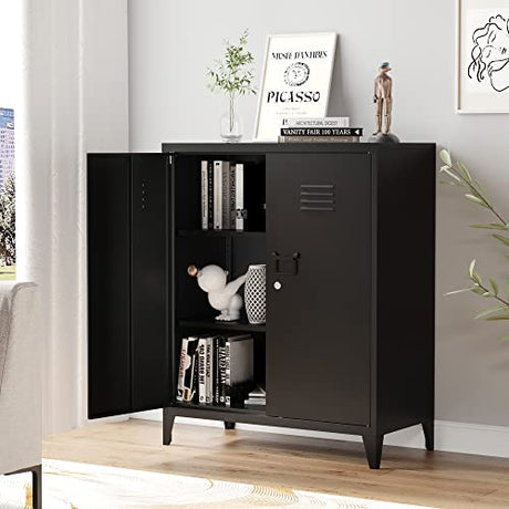 AFAIF Metal Storage Cabinet with Lock, Locking Cabinets with 2 Doors and Shelves, Lockable Steel Locker Cupboard, Small Sideboard Buffet Cabinet for Home Office AFAIF