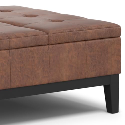 SIMPLIHOME Dover 36 inch Wide Contemporary Square Lift Top Coffee Table Storage Ottoman in Distressed Saddle Brown Vegan Faux Leather, Assembled, for The Living Room, Entryway and Family Room SIMPLIHOME