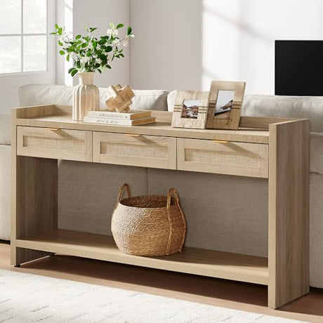 SICOTAS Rattan Console Table for Entryway - Large Boho TV Console Table Entry Table with 3 Storage Drawers, 60" Long Sofa Table Behind Couch for Living Room, Hallway, Foyer SICOTAS