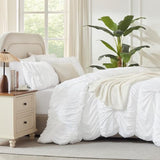 Andency Ruched White Full Size Comforter Sets, Shabby Chic Pleatd Bedding Sets 3 Pieces, Lightweight Soft Boho Ruffle Bed Set for Girls, Kids, Women, All Season Andency