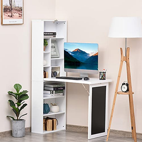 Zentrava Foldable Wall Mounted Desk with Storage Shelves, Fold Out Convertible Computer Table with Blackboard, Folding Writing Table Workstation for Small Spaces,Home Office (White) Zentrava