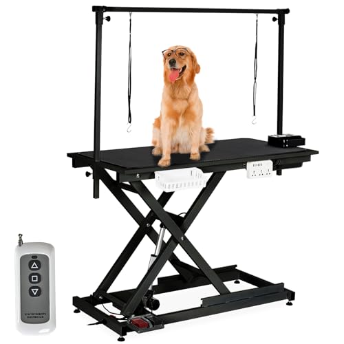 50'' Electric Dog Grooming Table, Heavy Duty, Height Adjustable Pet Grooming Table with Sockets w/Leveling Wheels, Grooming Arm, Anti Slip Tabletop & Tool Organizer, for All Pets Black