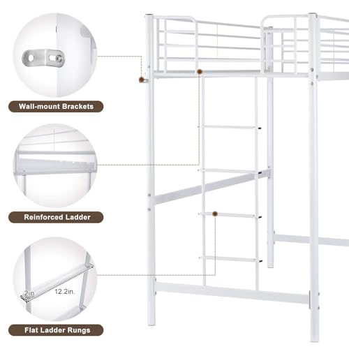 Bonnlo Metal Loft Bed with Stairs and Flat Rung, Junior Bed Full Size High Loft Bed for Kids/Teens/Adults, No Box Spring Required, White Bonnlo