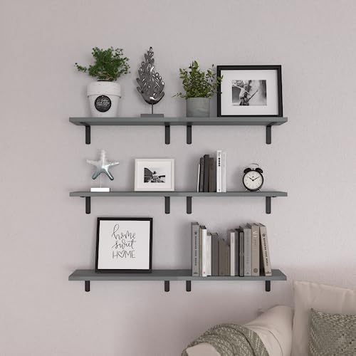 WOPITUES Floating Shelves Set of 6, Rustic Farmhouse Wood Shelves for Wall Decor, Bathroom Shelves, Book Shelves for Living Room-Grey WOPITUES