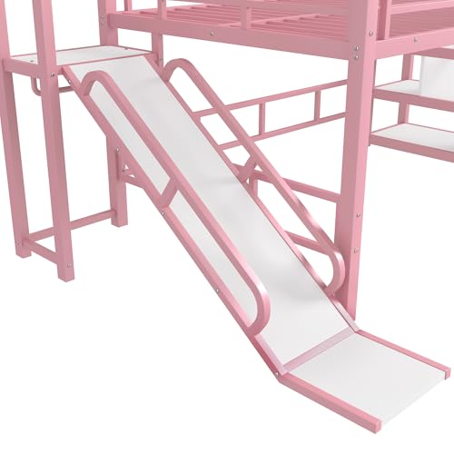 Bellemave House Loft Bed Full Size, Full Size Loft Bed with Storage Stairs and Open Wardrobe, Heavy Duty Loft Beds with Slide for Girls, Boys, Noise-Free Design Pink Bellemave