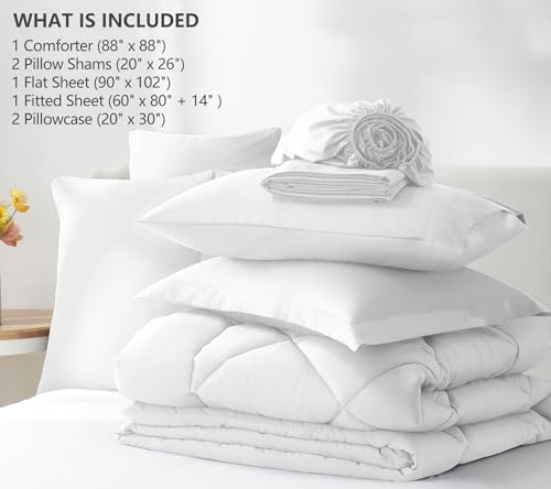 CozyLux Queen Comforter Set White - Bed in a Bag Queen Size 7 Pieces, Luxury Soft Bed Set for All Seasons, Bedding Set with Down Alternative Comforter, Sheets, Pillowcases & Shams CozyLux