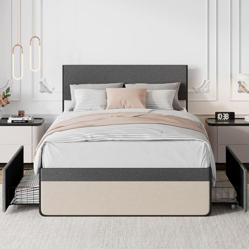 IDEALHOUSE Queen Bed Frame with Storage Drawers, Upholstered Platform Bed Frame with Metal Slats Support, Under Bed Storage Mattress Foundation, No Box Spring Needed, Noise Free, Easy Assembly IDEALHOUSE