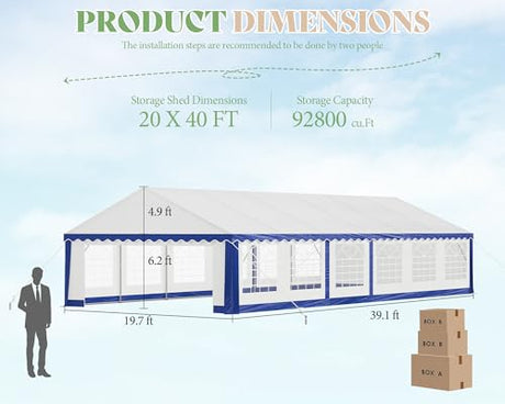 AMERLIFE 20 x 40 FT Party Tent with Rolled Sidewalls, Heavy Duty Wedding Tent for Party Outside with Zinc Alloy Tube & Spiral Stakes, Waterproof Event Shelters, White & Blue AMERLIFE