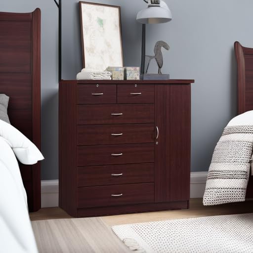 Hodedah 7 Drawer Jumbo Chest, Five Large & Two Smaller Drawers with Two Lock, Hanging Rod, and Three Shelves | Mahogany, 17.76" D X 47.24" W X 48.39" H Hodedah