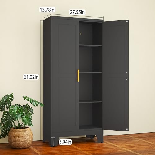 RISTERN Black Metal Storage Cabinet, 61" Steel File Cabinet for Home Office, Kitchen Pantry Storage Cabinet with Doors and 3 Adjustable Shelves, Metal Tool Cabinet, for Office, Home, Garage,  - WoodArtSupply