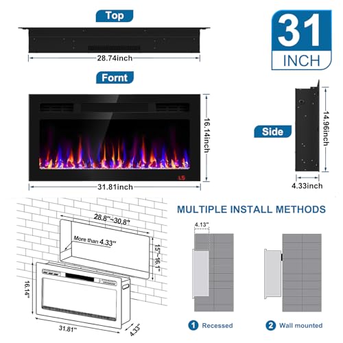 31 Inch Electric Fireplace Recessed and Wall Mounted, Fireplace Heater and Linear Fireplace, Ultra-Thin Electric Fireplace, Low Noise, with Timer, Remote Control, Adjustable 12 Flame Color, 750/1500W Sixfivsevn