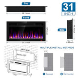 31 Inch Electric Fireplace Recessed and Wall Mounted, Fireplace Heater and Linear Fireplace, Ultra-Thin Electric Fireplace, Low Noise, with Timer, Remote Control, Adjustable 12 Flame Color, 750/1500W Sixfivsevn