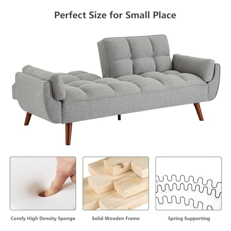 Betoko Convertible Futon Sofa Bed Sleeper Twin Size, Modern Reclining Linen Split Back Sofa Couch with Pillow Top Arm for Compact Living Room,Apartment (Grey) Betoko