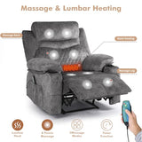 linting Overstuffed Massage Recliner Chair with Heat, Wide Seat Reclining Chair for Home Theater, Heated Massaging Manual Recliner Chairs with Cup Holders, Grey