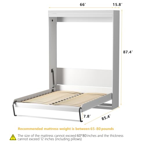 ROOMTEC Queen Size Murphy Bed with Smooth Pneumatic Lift, Space-Saving Wall Bed with Modern Cabinet Design, Easy Installation, Ideal for Guest Rooms, Home Offices, Fits 60"x80" Mattress ROOMTEC