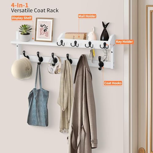 Coat Rack Wall Mount with Shelf, 27.5" Entryway Wall Hanging Shelf, Coat and Key Hanger with 10 Dual Hooks, Mail Organizer and Key Holder Hat Rack for Wall, Wood Coat Hooks with Storage GODDGITT