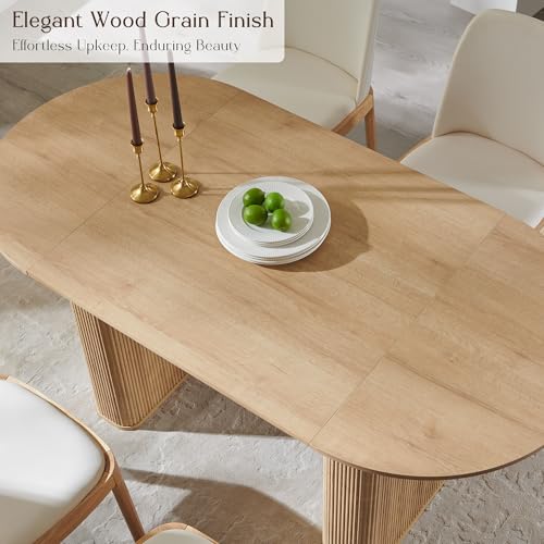 T4TREAM 63" Fluted Oval Dining Table for 4-6, Mid-Century Modern Kitchen Table with Thickened Edge & Strip Pedestal Base, Wood Luxury Table for Dining Room/Kitchen/Home Office,Natural Oak(Table Only) T4TREAM