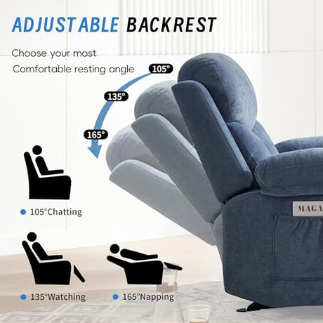 Sftaiyou Manual Rocker Recliner Chair for Adults with Massage, Overstuffed Glider Rocking Chair with Cup Holders and Pockets for Living Room, Reclining Sofa Chair for Bedroom Nursery,Navy Blue Sftaiyou