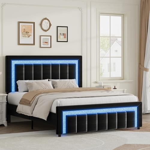 Queen Size Bed Frame with LED Lights and Velvet Upholstered Headboard, Bed Frame Queen Size with Modern Diamond Headboard Adjustable, Wooden Slats Support, Noise Free, No Box Spring Needed, Black HOMBCK