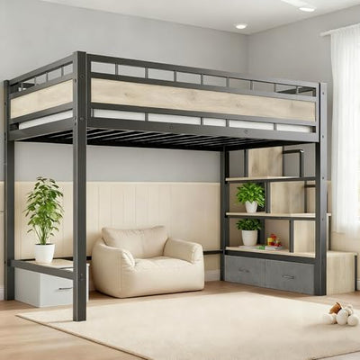 SDHYL Twin Size Loft Bed, with Storage Stairs & Drawers,Space-Saving Heavy-Duty Metal Bed Frame, No Box Spring Needed, Easy Assembly, Black