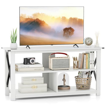 Tangkula Wood TV Stand with Open Shelves and X-shaped Frame, 3 Tier Entertainment Center for 55-Inch TV, Farmhouse TV Console Table, Open TV Stands for Living Room Bedroom (White) - WoodArtSupply