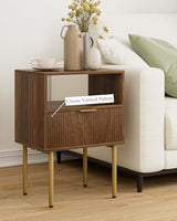 Masupu Night Stand,Mid-Century Modern Bedside Table with Storage Drawer and Open Wood Shelf,Small Gold Frame Side Table for Bedroom,Living Room, Walnut Masupu