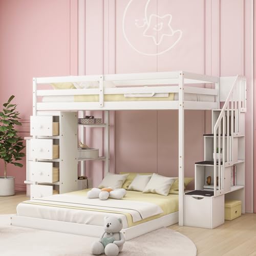 Merax Twin Over Full Bunk Bed Wood Frame with 3-Layer Shelves,4 Drawers and 3 Storage Stairs for Boys and Girls,Grey Merax