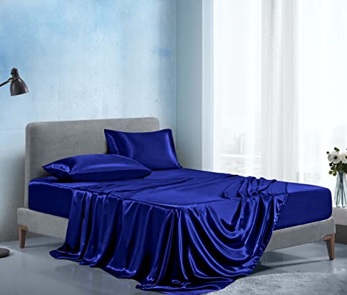 Manyshofu Satin Full Sheets Set 4 Piece - Soft Silky Satin Sheets Set, Royal Blue Bed Sheets Cooling & Luxury Bedding Sheet Set(1 Fitted Sheet, 1 Flat Sheet, 2 Pillow Cases) Manyshofu