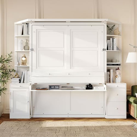 Bekeknlny Modern Queen Murphy Bed with Desk, Storage Shelves and Cabinets, Hidden Wall Bed for Space-Saving Home Office (White/H10) Bekeknlny