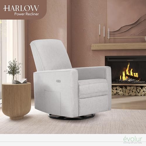 Evolur Harlow Upholstered Power Glider Recliner with USB Charging – Rocking & 360° Swivel with Smooth Glide – Greenguard Gold & FSC Certified – Modern Nursery and Living Room Chair in Fog Evolur