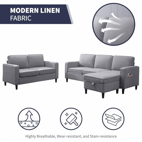 ijuicy 2PCS Sectional Sofa Set,3 Seat Couch & Loveseat Sofa with Side Pockets & Movable Storage Ottoman, Modern Convertible Upholstered Couches for Living Room,Office (3+2Seat/Light Grey) ijuicy