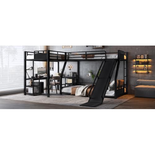 Bellemave L-Shaped Triple Bunk Bed Twin Over Full with Slide, Desk & Shelves, Metal Floor Bunk Beds with 2 Ladders & Guardrails for Kids Teens, Black Bellemave