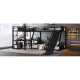 Bellemave L-Shaped Triple Bunk Bed Twin Over Full with Slide, Desk & Shelves, Metal Floor Bunk Beds with 2 Ladders & Guardrails for Kids Teens, Black Bellemave