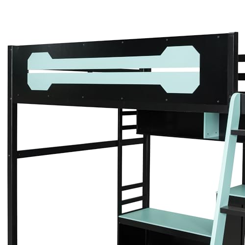 Harper & Bright Designs Full Size Wood Gaming Loft Bed with Desk and Storage Shelves, Modern Low Loft Bed Frame with LED Lights, USB Ports and Pegboard for Kids Teens Adults, Black+Blue Harper & Bright Designs
