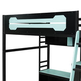 Harper & Bright Designs Full Size Wood Gaming Loft Bed with Desk and Storage Shelves, Modern Low Loft Bed Frame with LED Lights, USB Ports and Pegboard for Kids Teens Adults, Black+Blue Harper & Bright Designs