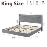 GarveeHome King Floating Bed Frame with LED Lights & Charging Station, Upholstered Platform Beds with Storage Headboard & Folding Shelves Storage, Metal Slats Support, No Box Spring Needed, Grey GarveeHome