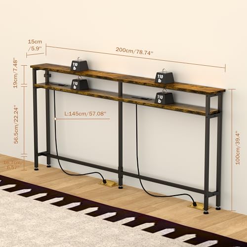 Keelian 78 Inch Double-Layer Narrow Console Sofa Table with 2 Power Outlets&4 AC Plugs&4 USB Ports, 4.9' Extension Cord Included, Behind Couch Table for Living Room/office Easy Assembly - Rustic Brown Keelian
