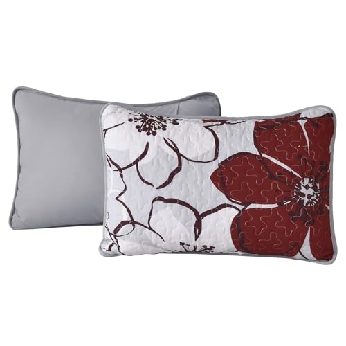 Luxudecor Floral Quilt Set Queen 3 Pieces Red Flower Quilt Coverlet Set with 2 Pillow Cases, Lightweight Soft Microfiber Reversible Boho Bedspread for All Seasons 96"x90" Luxudecor